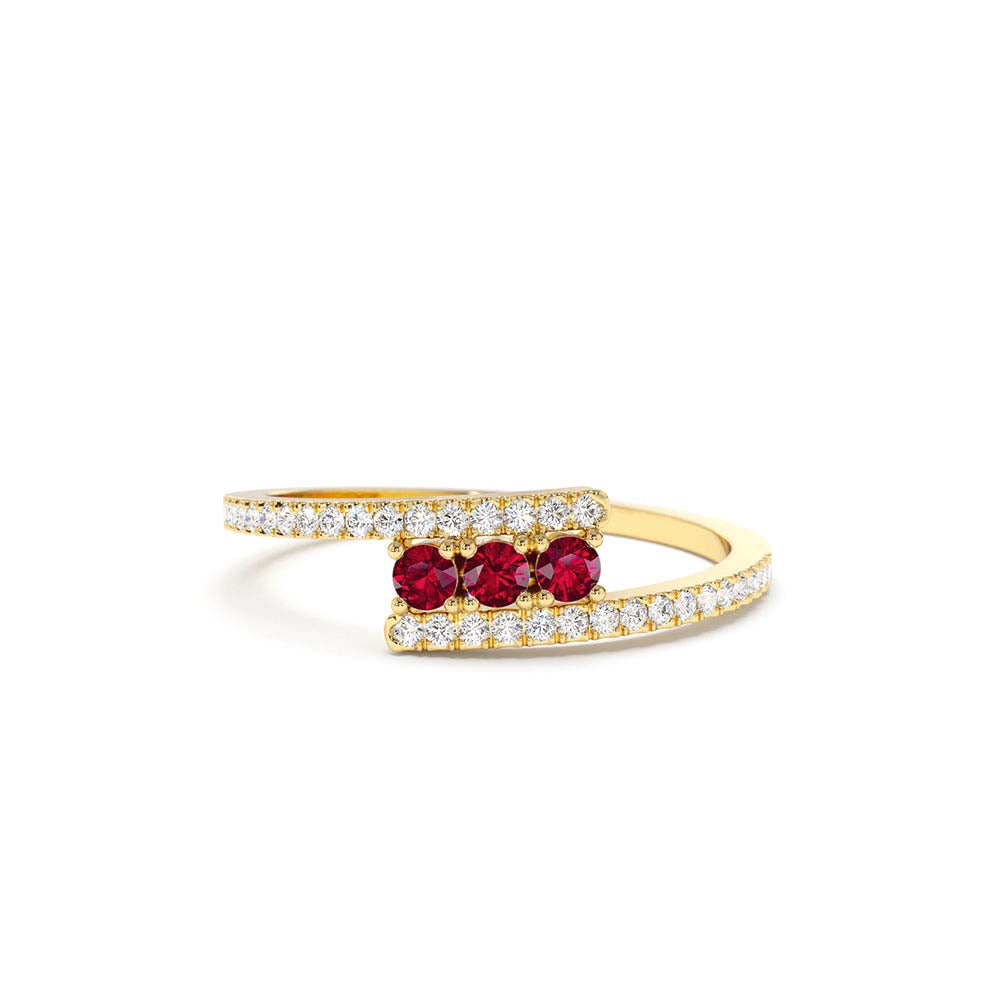 Cross Over Diamond Ring with Round Rubies in 14K Gold — view 1