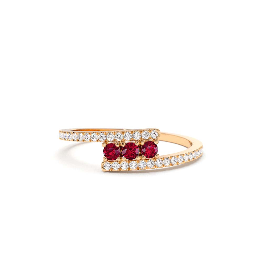 Cross Over Diamond Ring with Round Rubies in 14K Gold — view 3