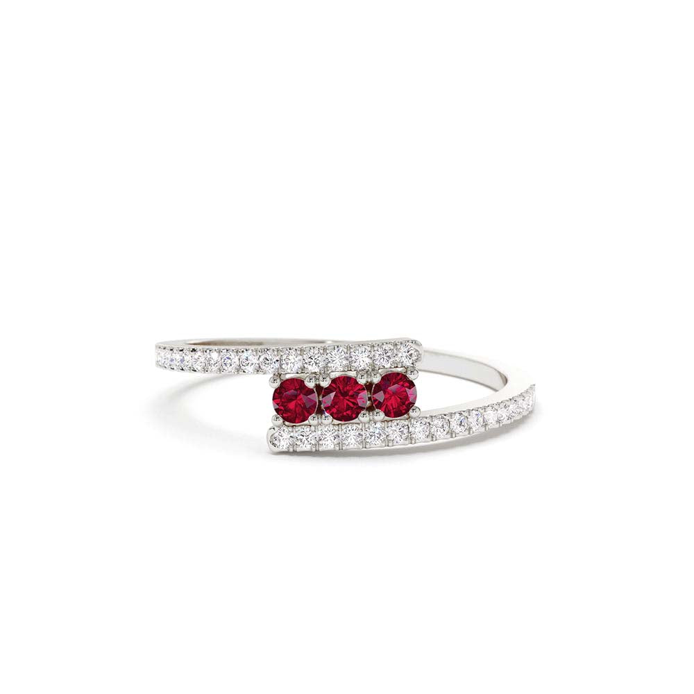 Cross Over Diamond Ring with Round Rubies in 14K Gold — view 2