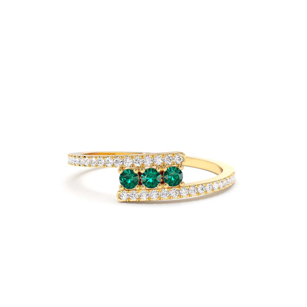Cross Over Diamond Ring with Round Emeralds in 14K Gold — view 1