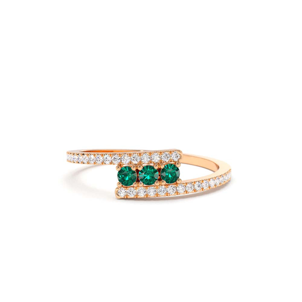 Cross Over Diamond Ring with Round Emeralds in 14K Gold — view 3
