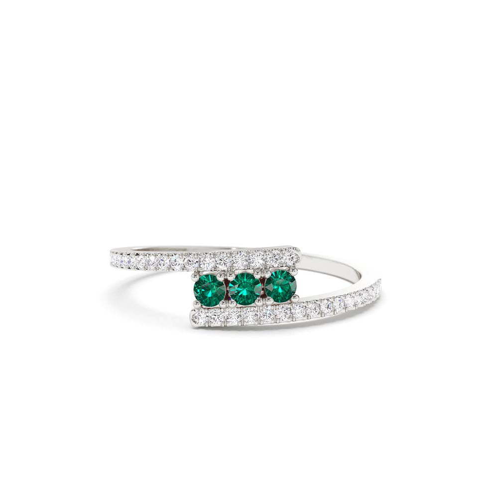 Cross Over Diamond Ring with Round Emeralds in 14K Gold — view 2