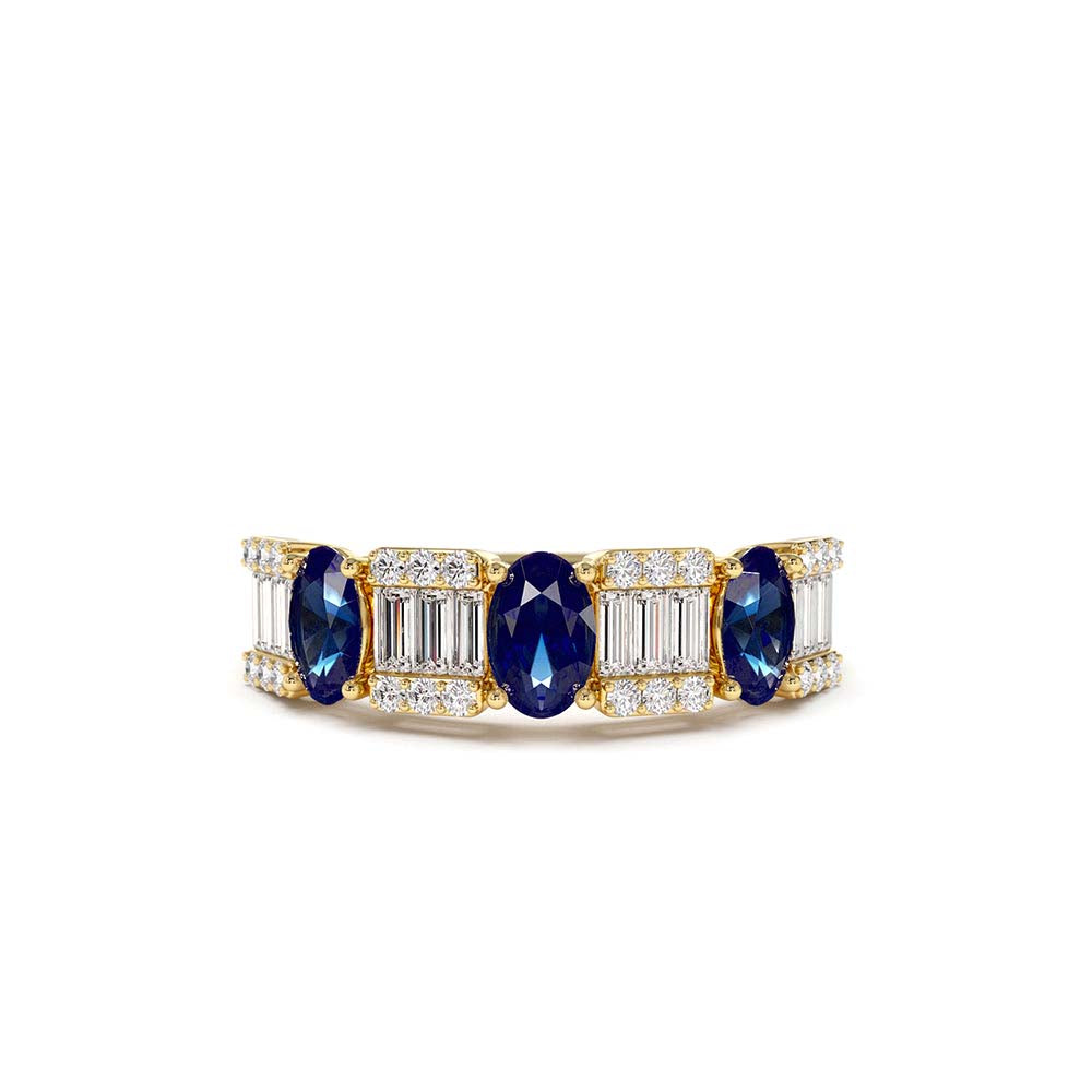 Baguette & Round Diamond with Genuine Sapphire Ring in 14K Gold — view 1