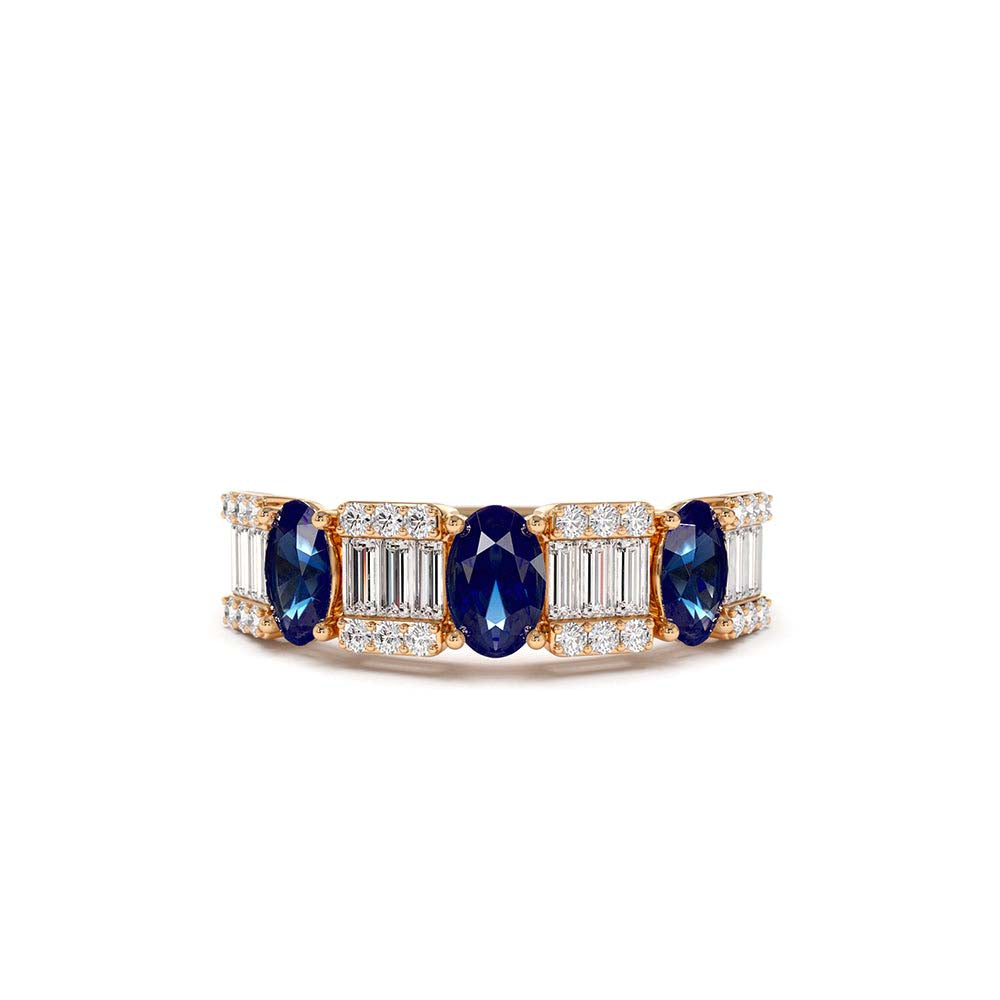 Baguette & Round Diamond with Genuine Sapphire Ring in 14K Gold — view 4