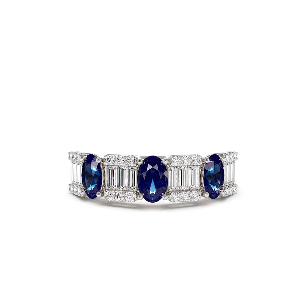 Baguette & Round Diamond with Genuine Sapphire Ring in 14K Gold — view 3