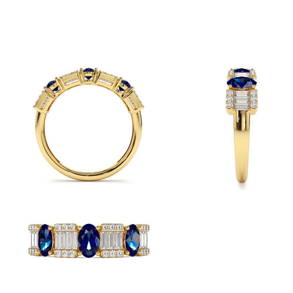 Baguette & Round Diamond with Genuine Sapphire Ring in 14K Gold — view 2