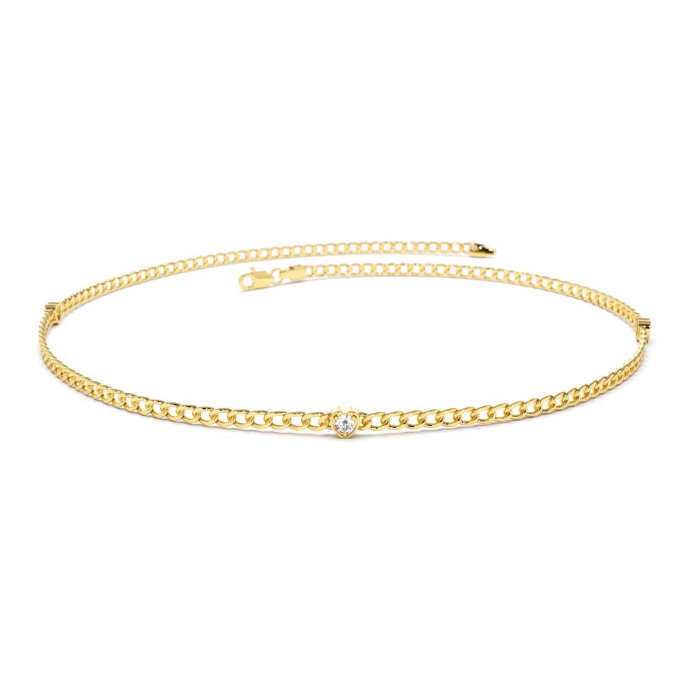 2MM Curb Link Bracelet w/ Heart Shape Solitaire Round Diamonds in 14K Gold — view 1