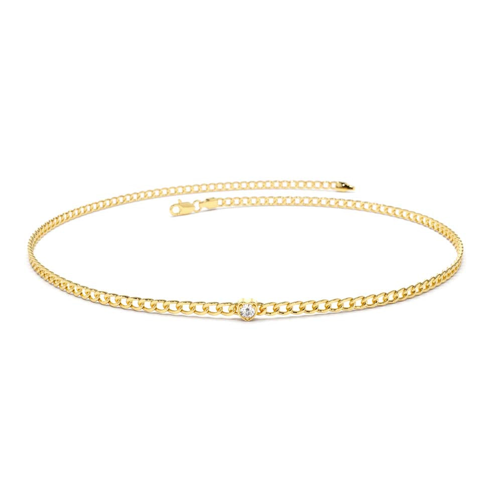 2MM Curb Link Bracelet w/ Heart Shape Solitaire Round Diamonds in 14K Gold — view 2