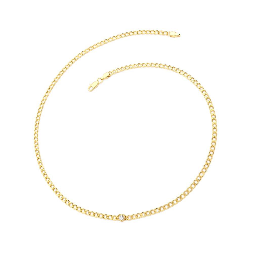 2MM Curb Link Bracelet w/ Heart Shape Solitaire Round Diamonds in 14K Gold — view 3