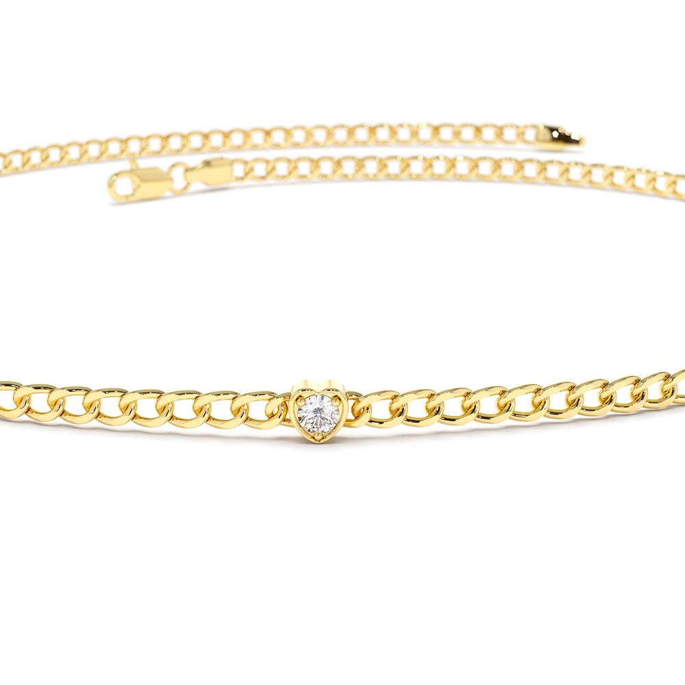 2MM Curb Link Bracelet w/ Heart Shape Solitaire Round Diamonds in 14K Gold — view 5