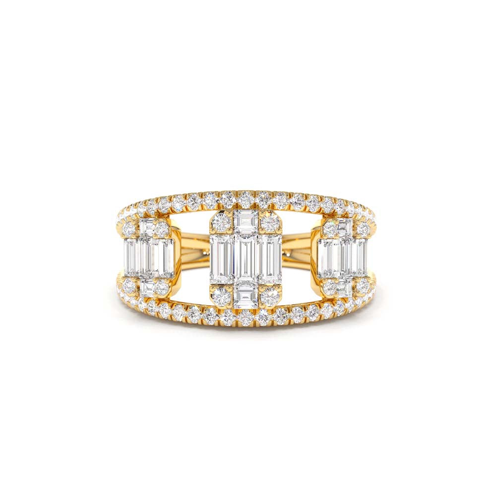 Baguette and Round Diamond Illusion Setting Cocktail Ring in 14K Gold — view 1