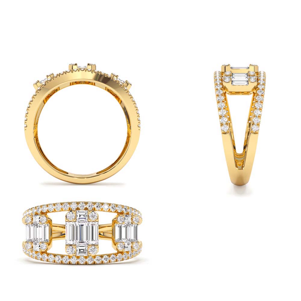 Baguette and Round Diamond Illusion Setting Cocktail Ring in 14K Gold — view 3
