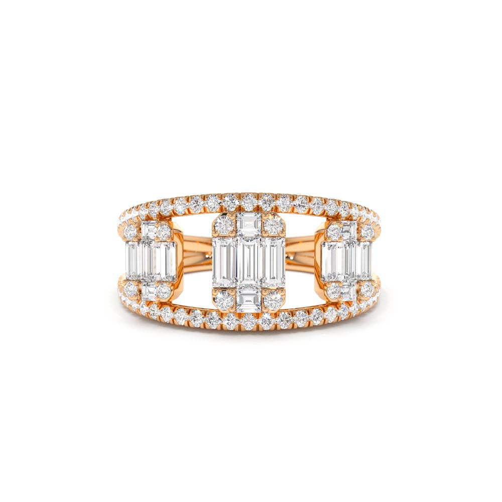 Baguette and Round Diamond Illusion Setting Cocktail Ring in 14K Gold — view 5