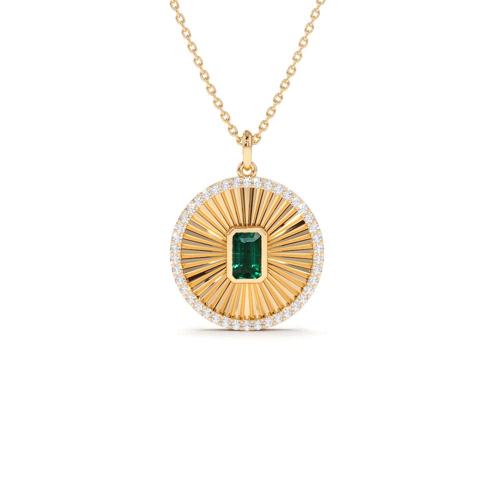 Emerald and Diamond Medallion Necklace in 14K Gold — view 3