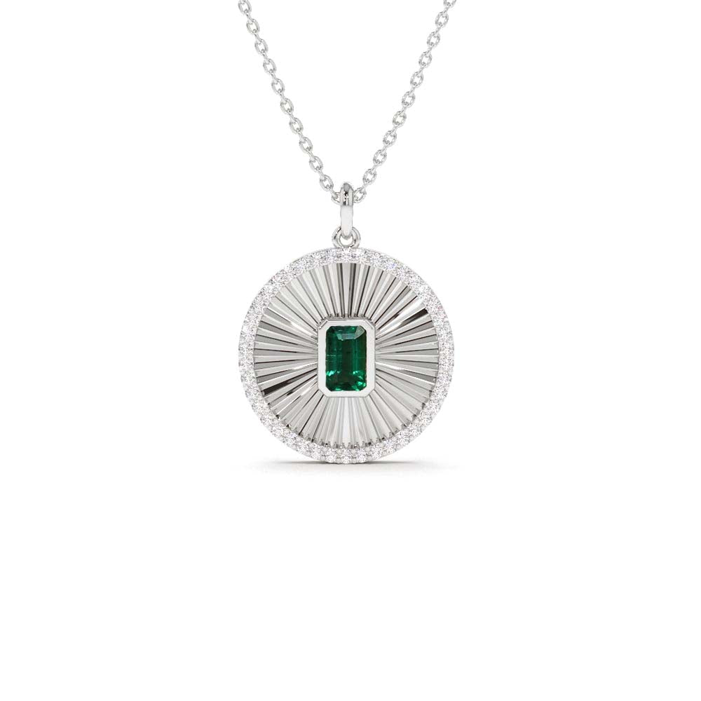 Emerald and Diamond Medallion Necklace in 14K Gold — view 2