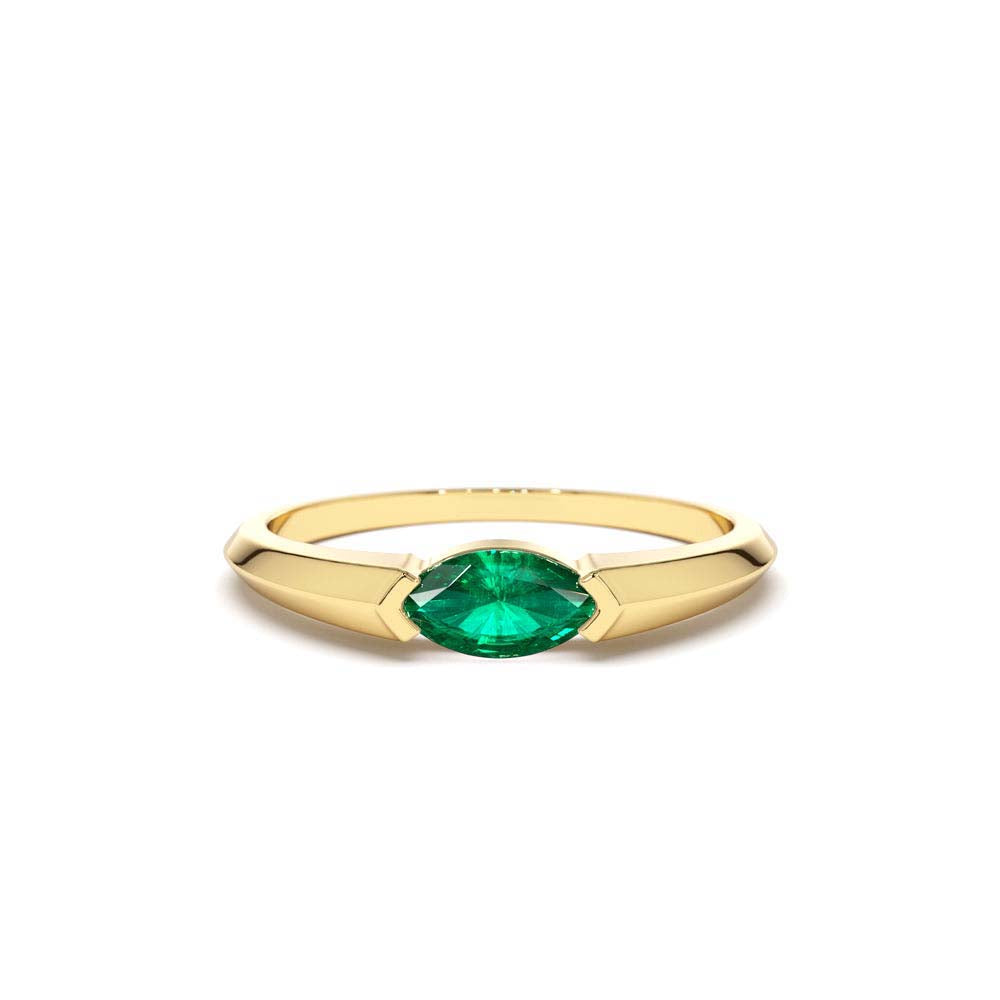 Horizontal Marquise Shape Natural Emerald Ring in 14K Gold — view 1