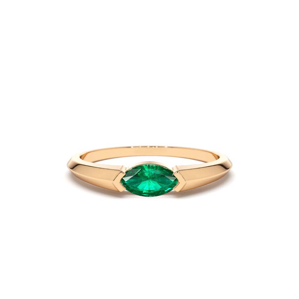 Horizontal Marquise Shape Natural Emerald Ring in 14K Gold — view 5