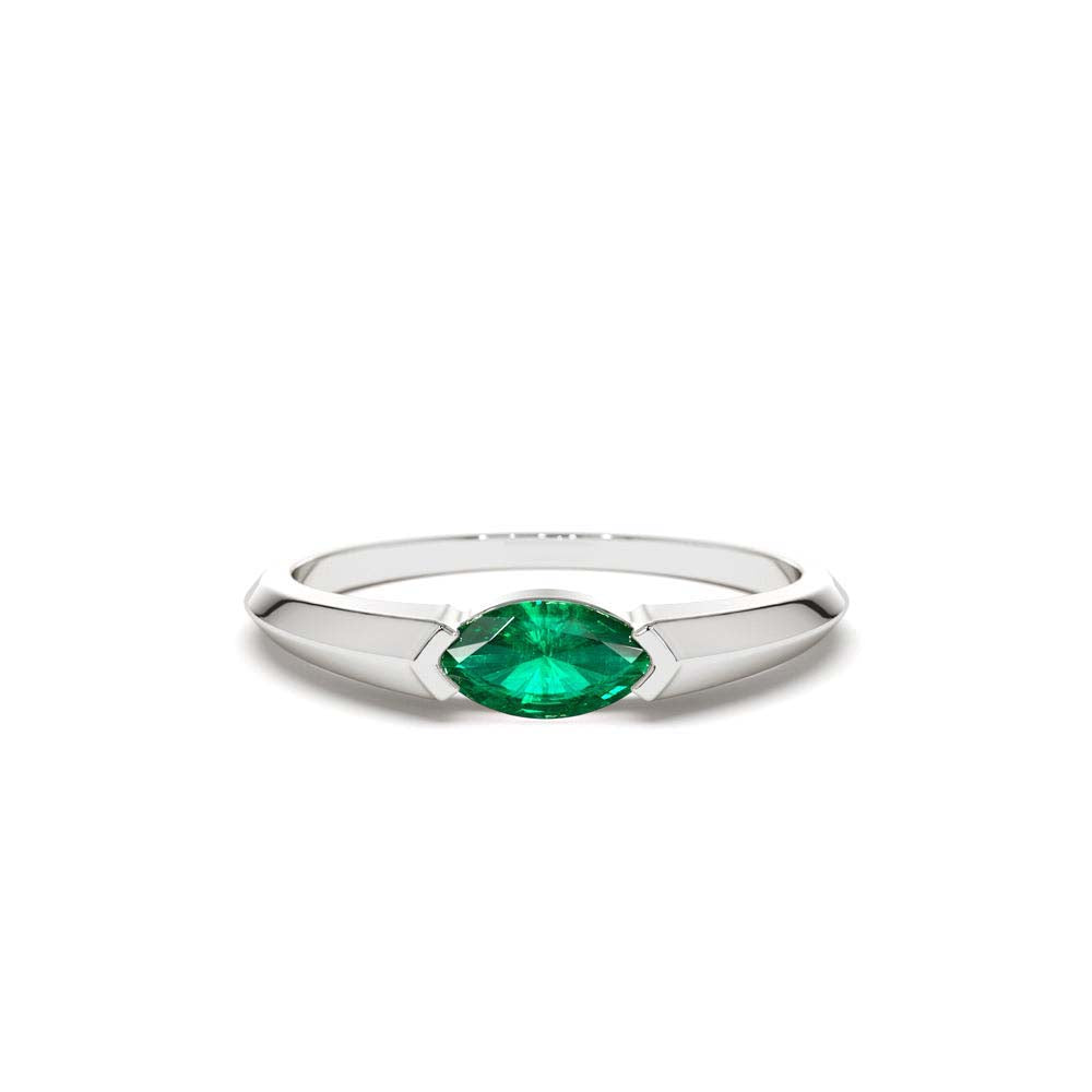 Horizontal Marquise Shape Natural Emerald Ring in 14K Gold — view 4