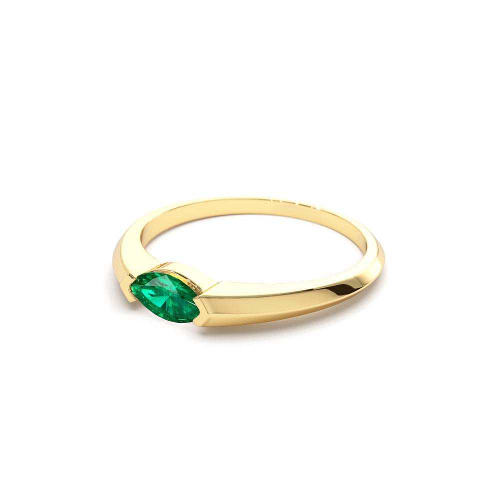 Horizontal Marquise Shape Natural Emerald Ring in 14K Gold — view 2