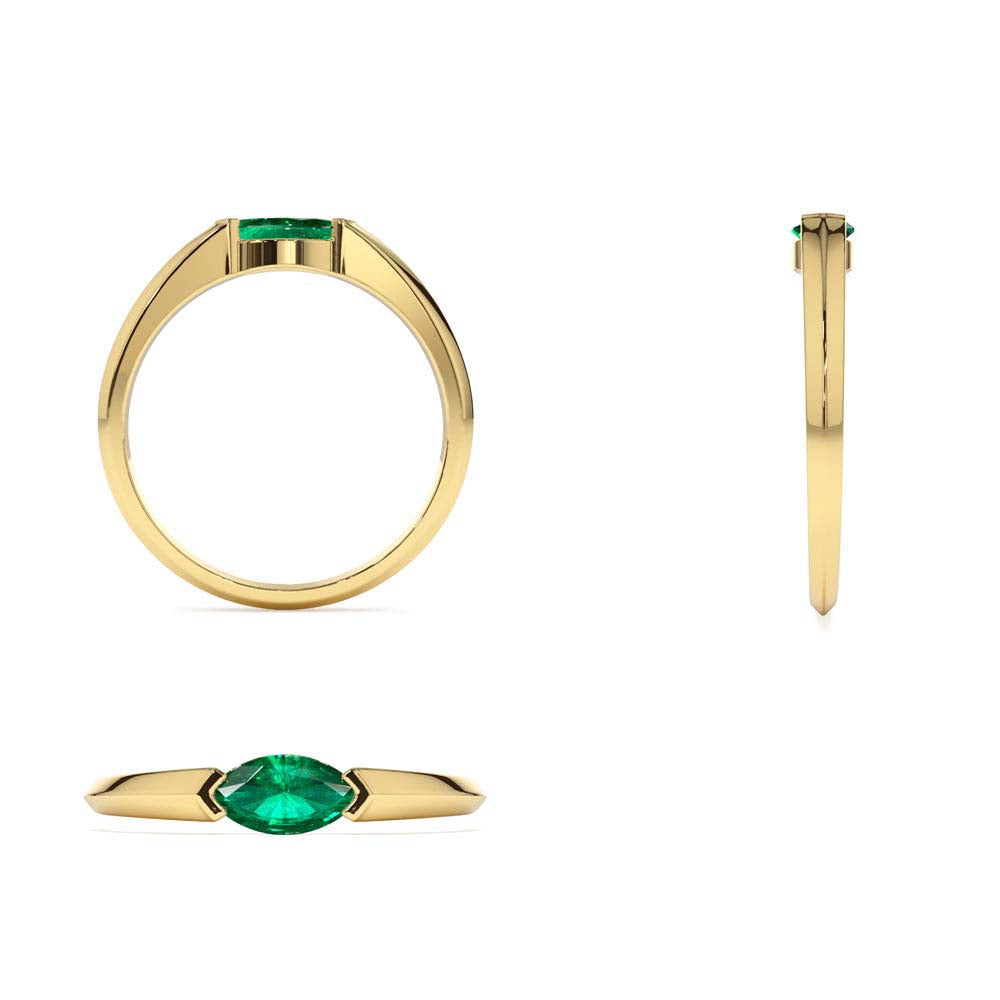 Horizontal Marquise Shape Natural Emerald Ring in 14K Gold — view 3