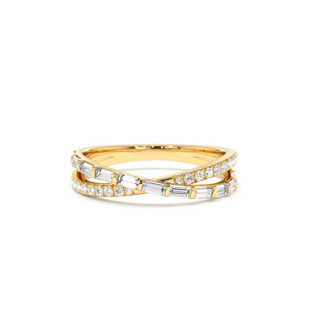 Mix Baguette and Round Diamond Crossover Ring in 14K Gold — view 1