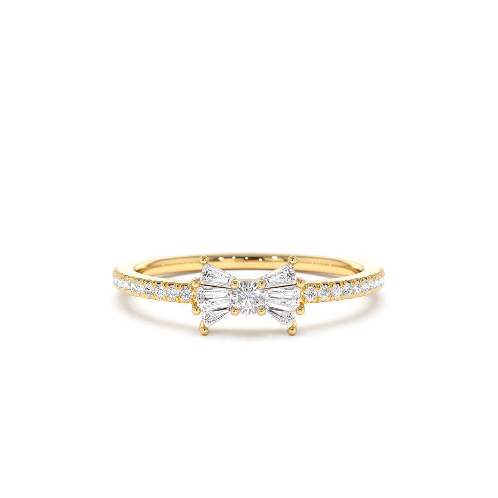 Baguette and Round Diamond Bow Ring in 14K Gold — view 1