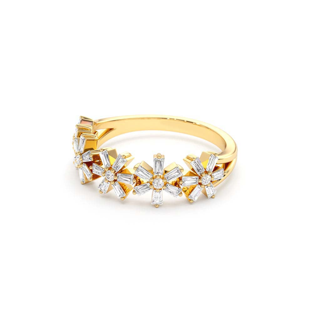 Baguette Diamond Multi Flower Design Ring in 14K Gold — view 2