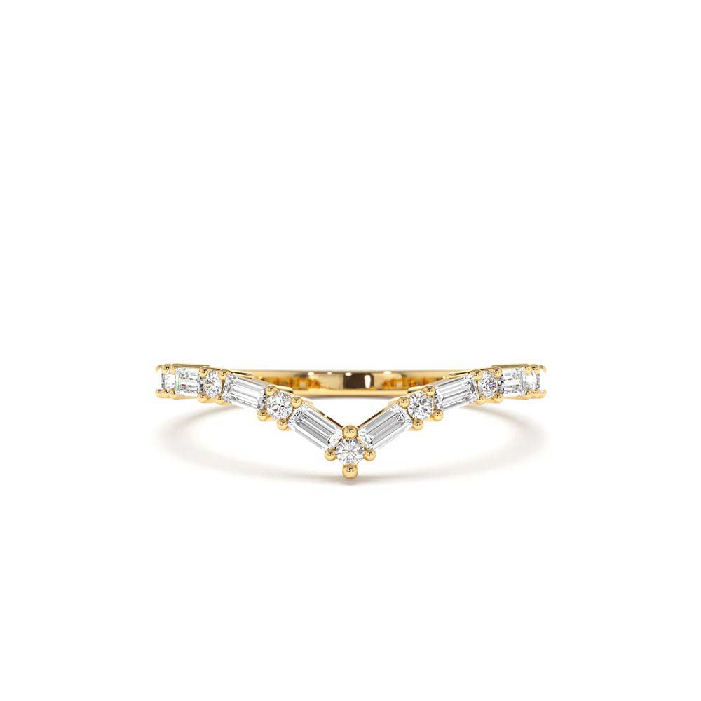 Baguette and Round Diamond Chevron Ring in 14K Gold — view 1