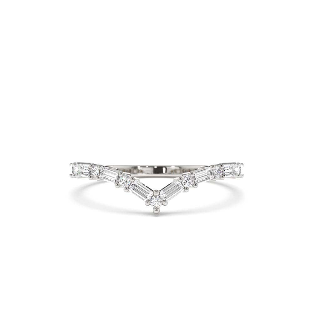 Baguette and Round Diamond Chevron Ring in 14K Gold — view 4