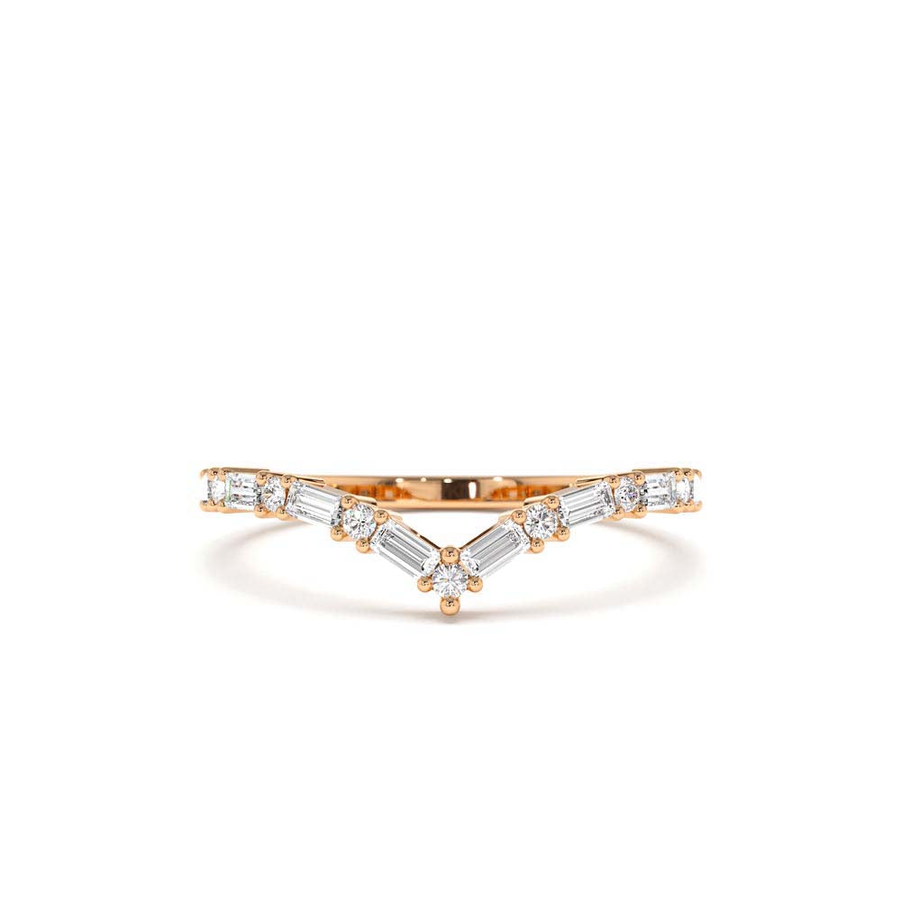 Baguette and Round Diamond Chevron Ring in 14K Gold — view 5