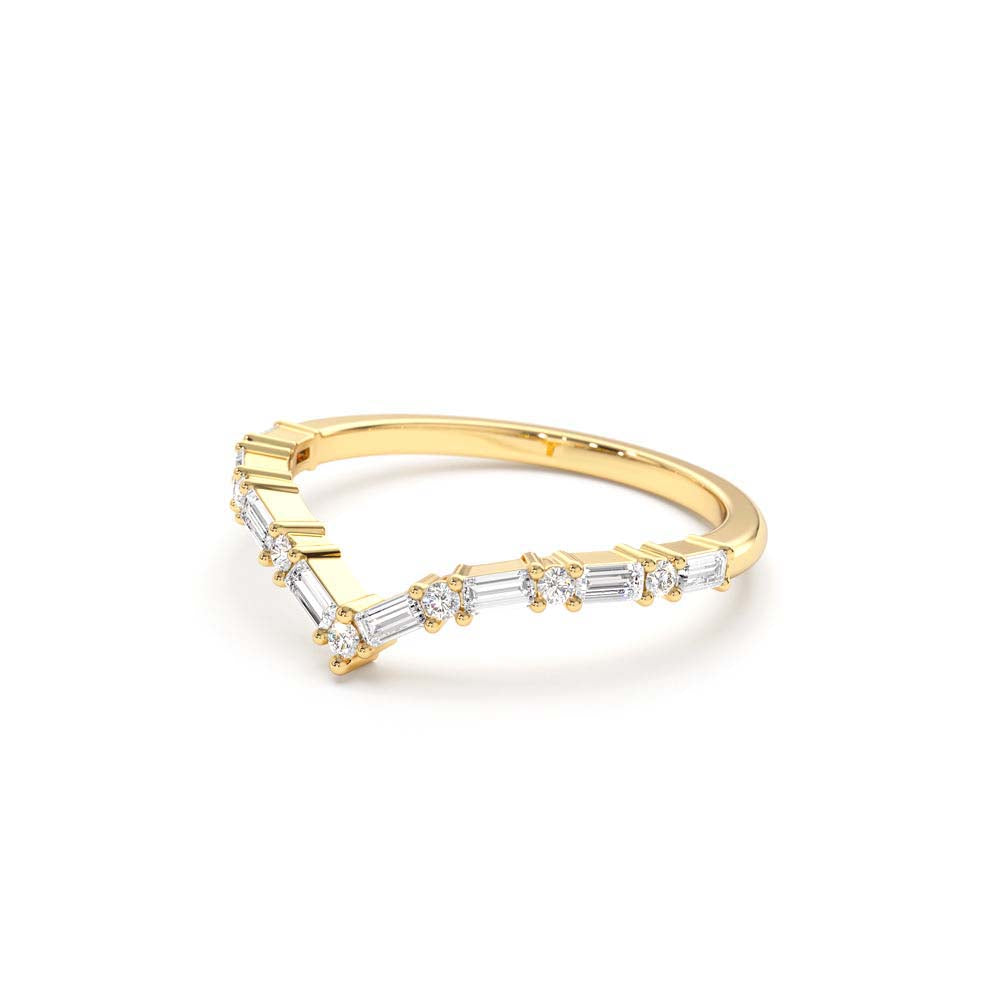 Baguette and Round Diamond Chevron Ring in 14K Gold — view 2