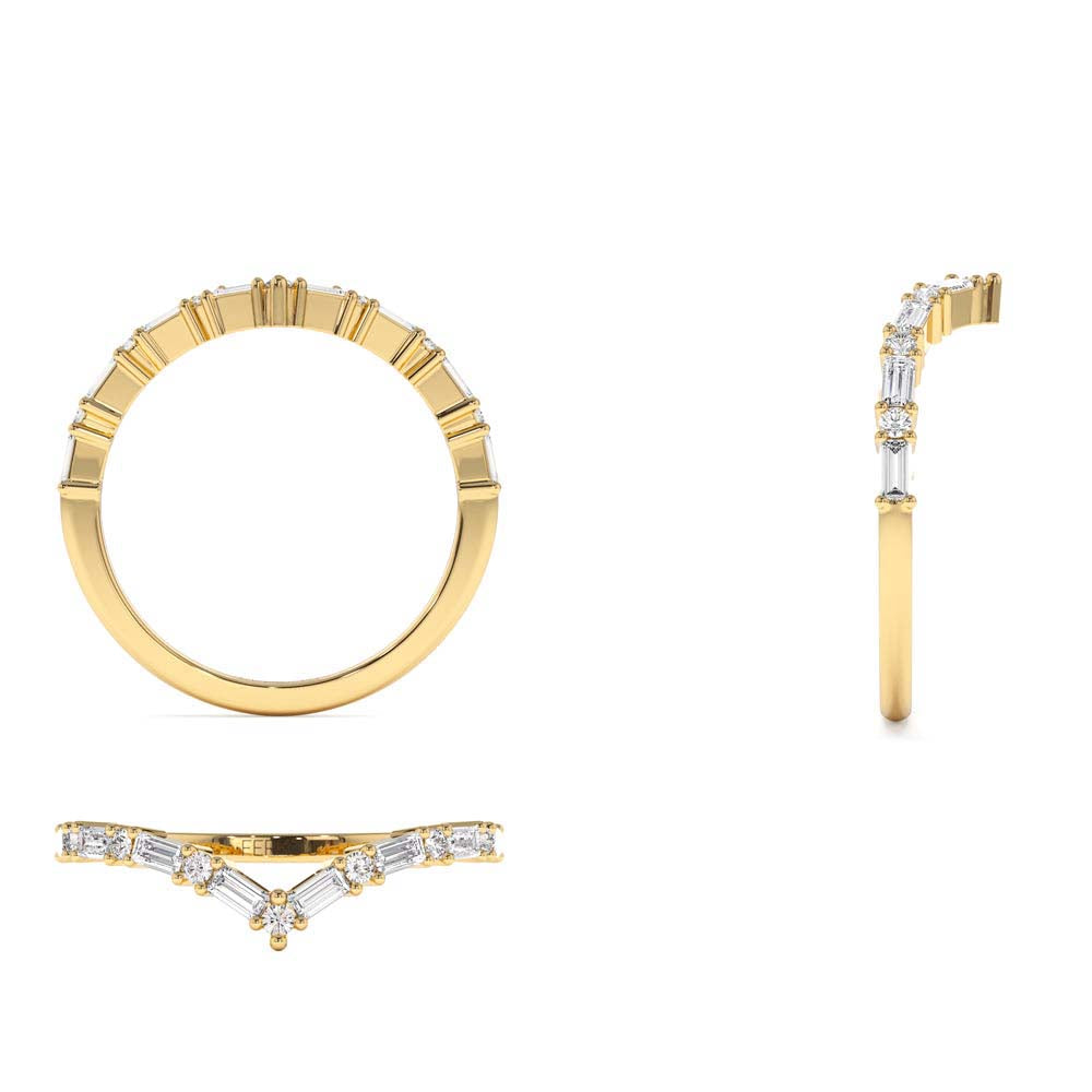 Baguette and Round Diamond Chevron Ring in 14K Gold — view 3