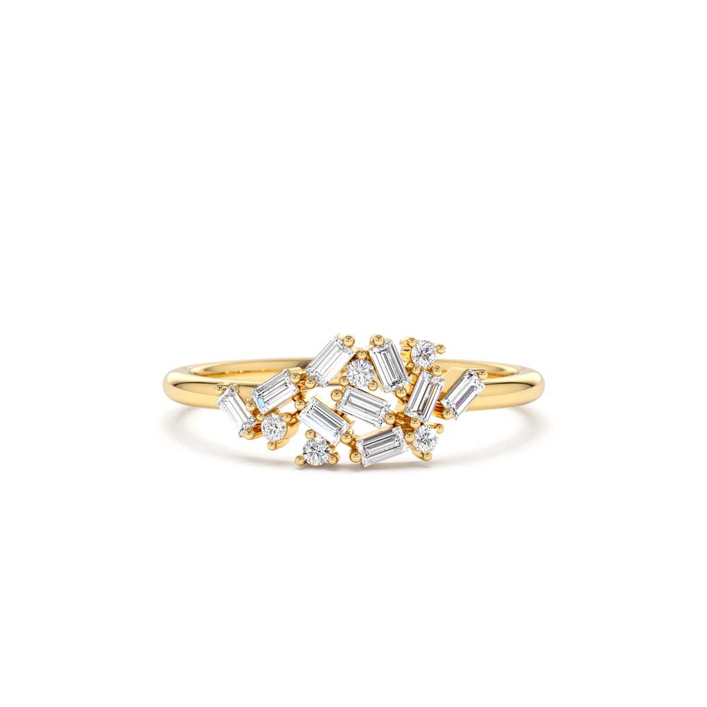 Baguette and Round Diamond Dainty Cluster Ring in 14K Gold — view 1