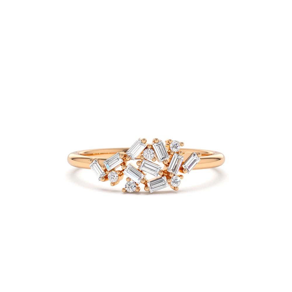 Baguette and Round Diamond Dainty Cluster Ring in 14K Gold — view 5