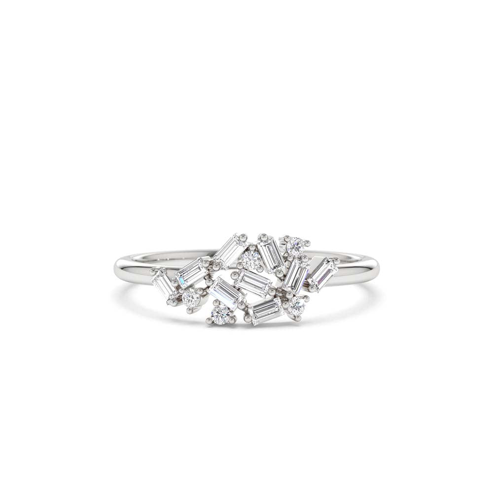 Baguette and Round Diamond Dainty Cluster Ring in 14K Gold — view 4
