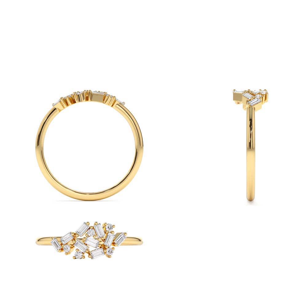 Baguette and Round Diamond Dainty Cluster Ring in 14K Gold — view 3