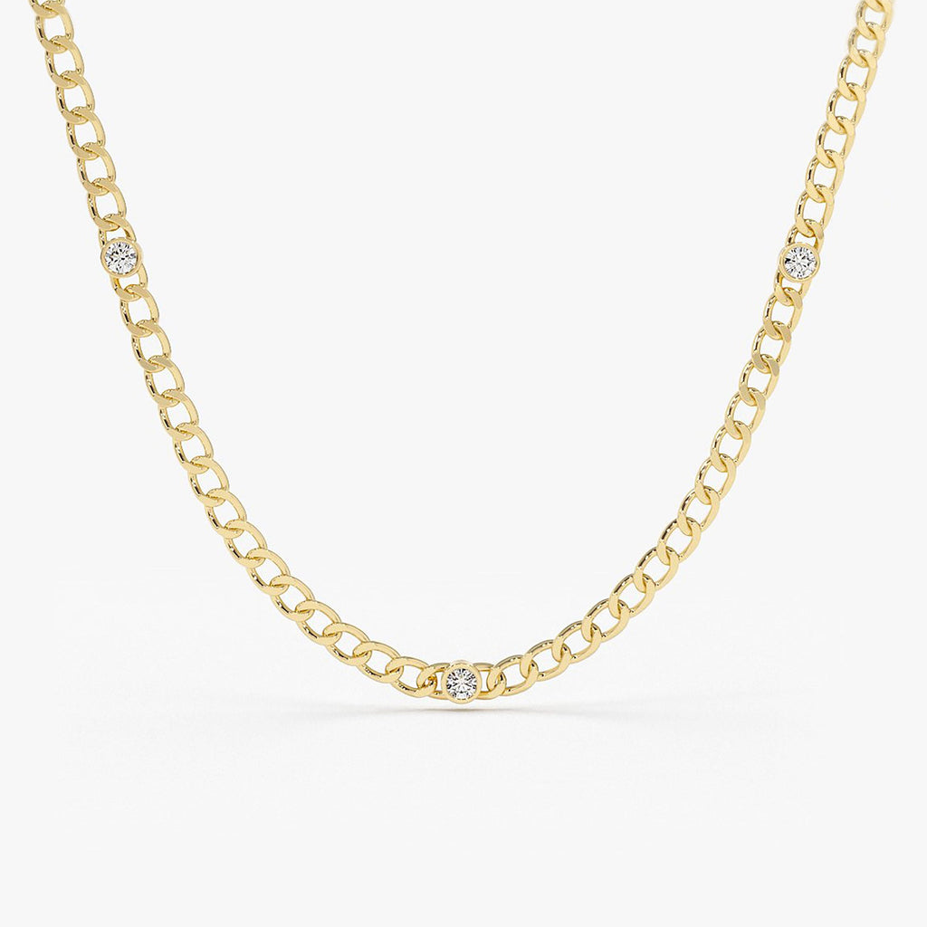 Cuban Link Necklace w/ Bezel Setting Diamond in 14K Gold