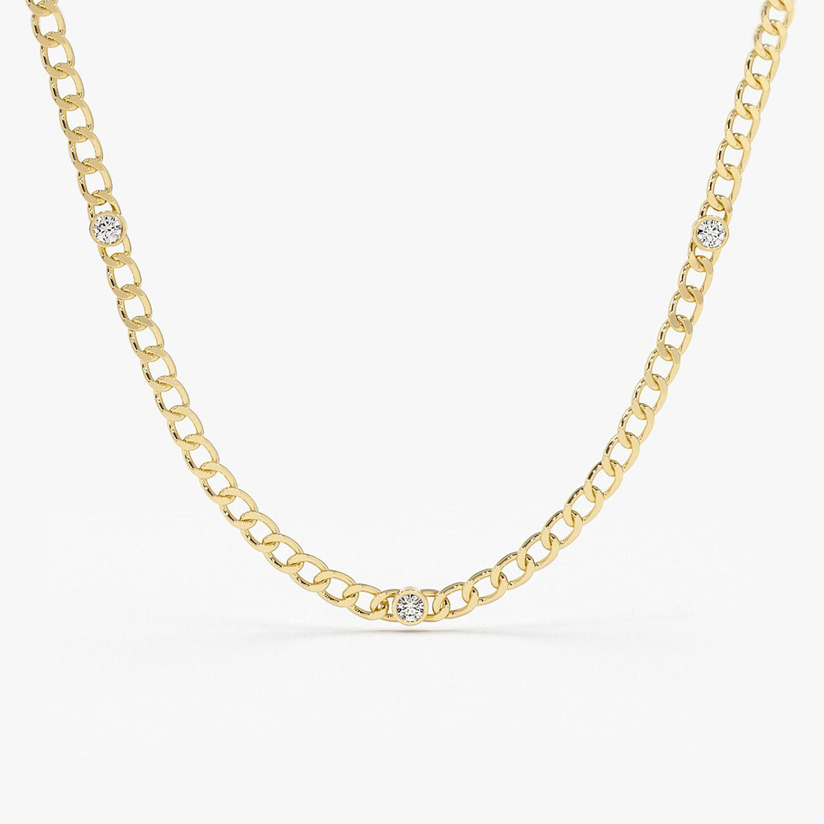 Cuban Link Necklace w/ Bezel Setting Diamond in 14K Gold