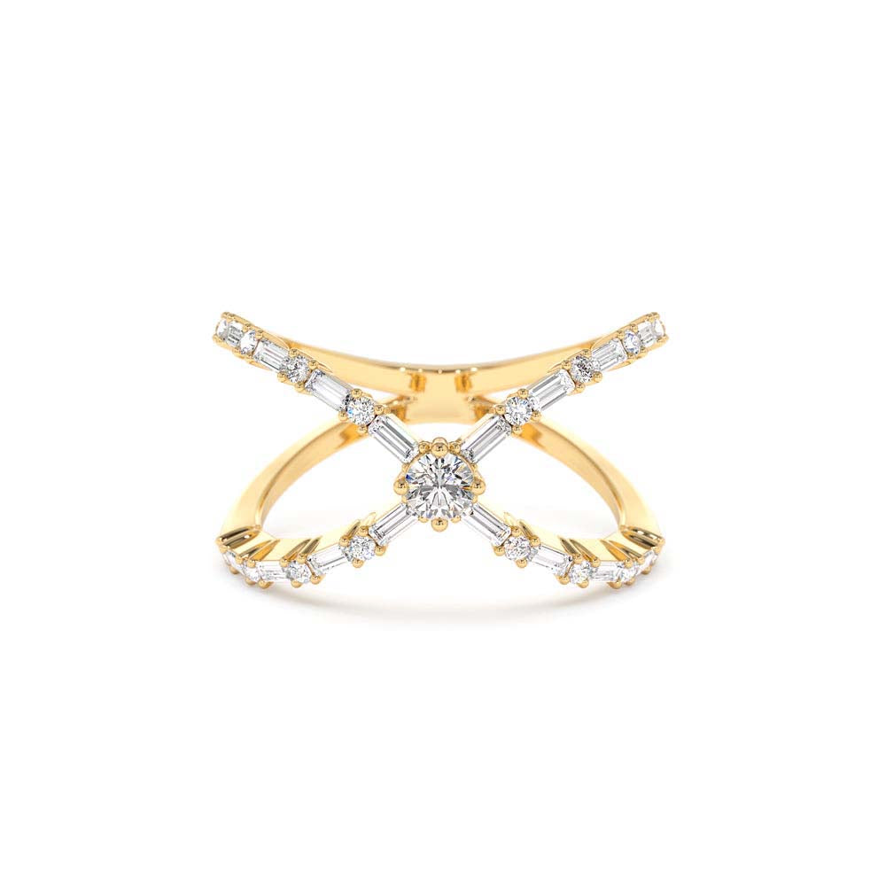 Baguette & Round Diamond Crisscross Ring in in 14K Gold — view 1