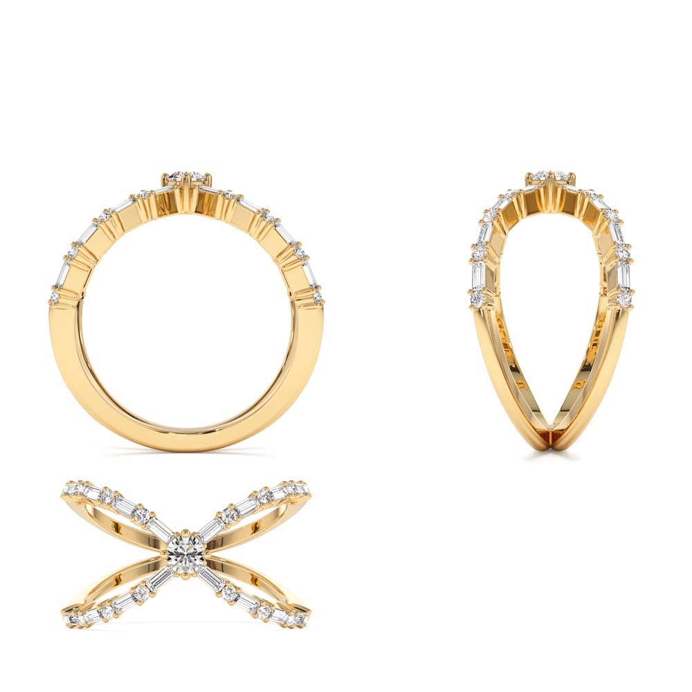 Baguette & Round Diamond Crisscross Ring in in 14K Gold — view 3