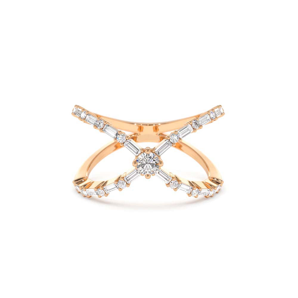 Baguette & Round Diamond Crisscross Ring in in 14K Gold — view 5