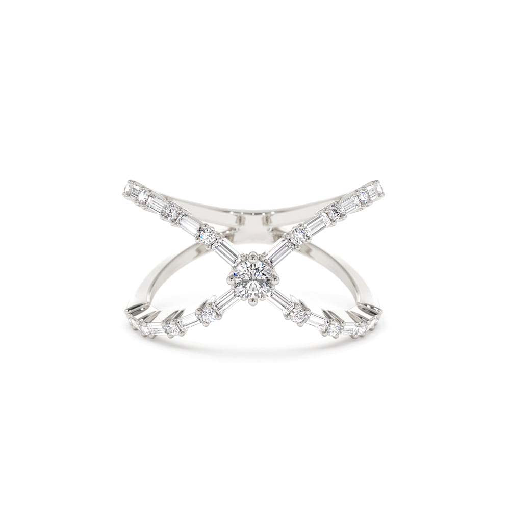 Baguette & Round Diamond Crisscross Ring in in 14K Gold — view 4