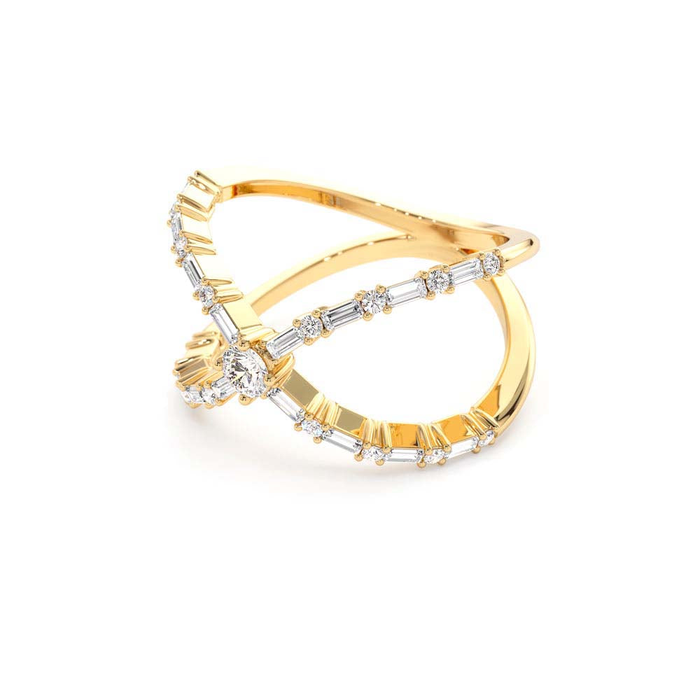 Baguette & Round Diamond Crisscross Ring in in 14K Gold — view 2