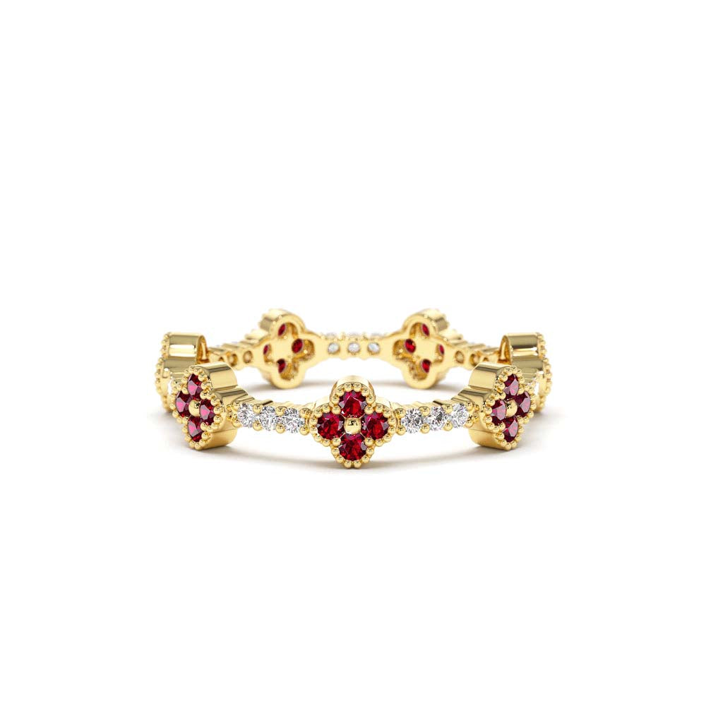 Full Eternity Clover Ruby and Diamond Ring in in 14K Gold — view 1