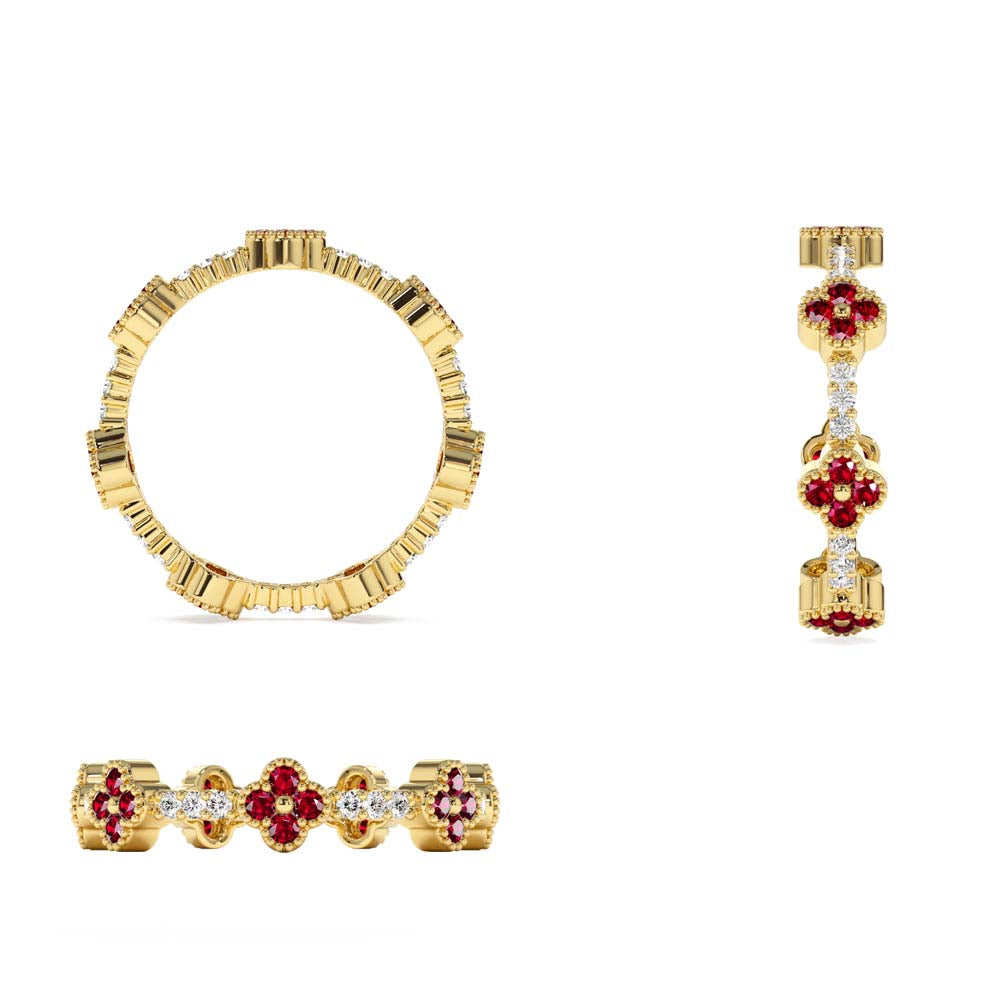 Full Eternity Clover Ruby and Diamond Ring in in 14K Gold — view 3