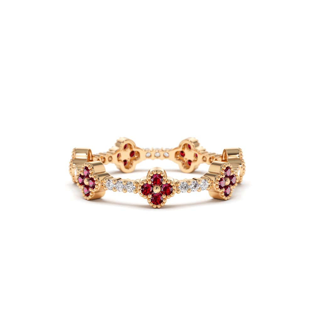 Full Eternity Clover Ruby and Diamond Ring in in 14K Gold — view 5