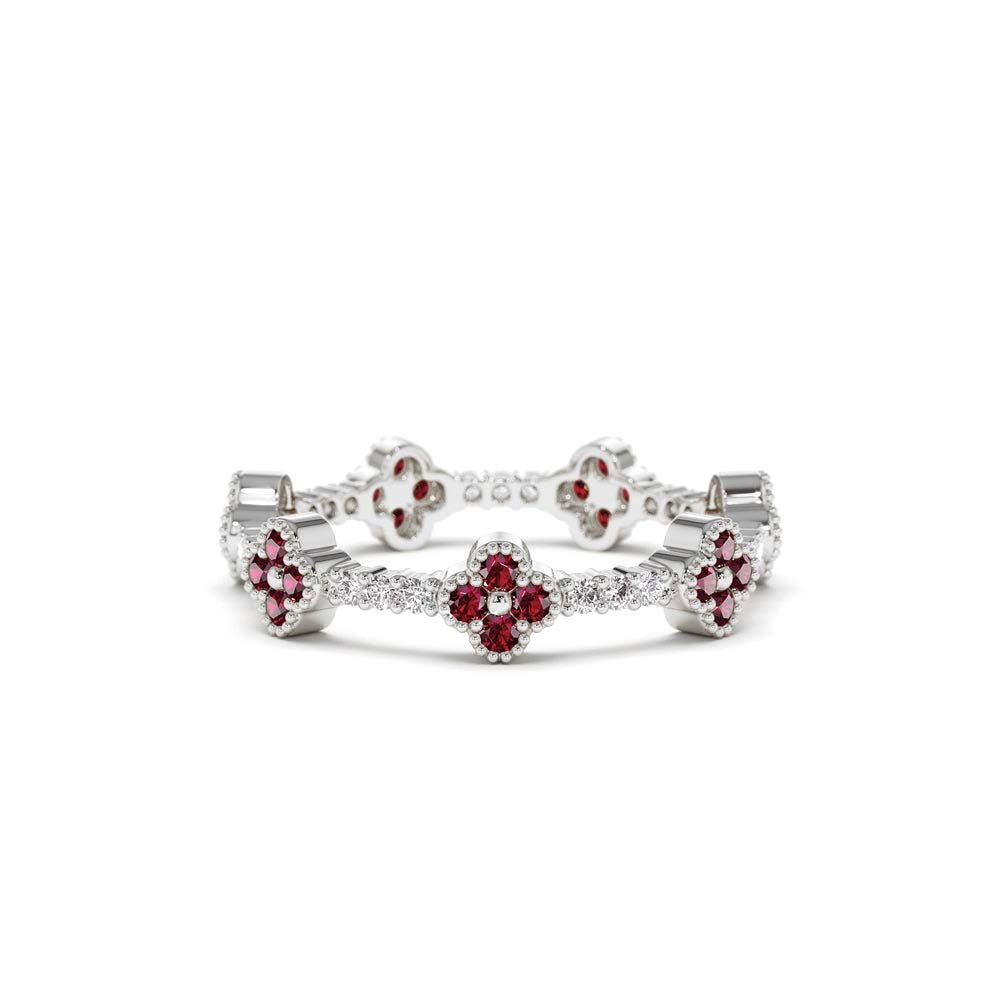 Full Eternity Clover Ruby and Diamond Ring in in 14K Gold — view 4