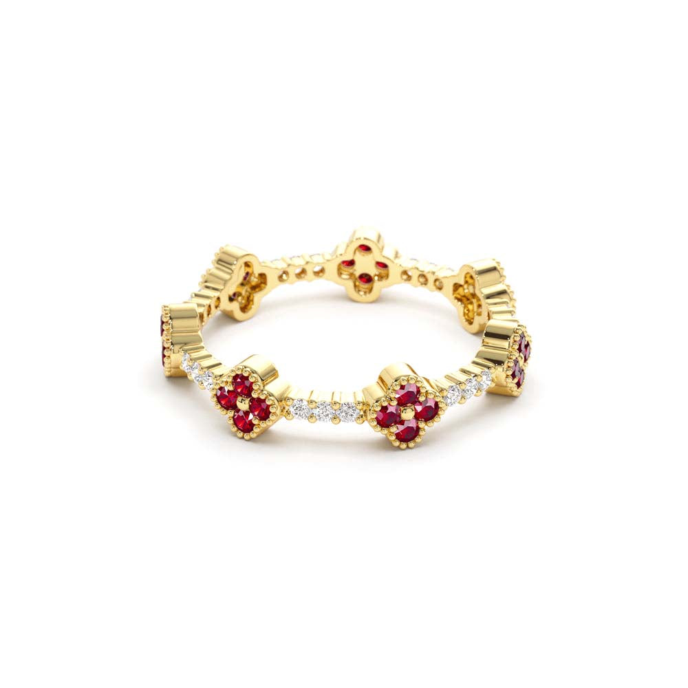 Full Eternity Clover Ruby and Diamond Ring in in 14K Gold — view 2