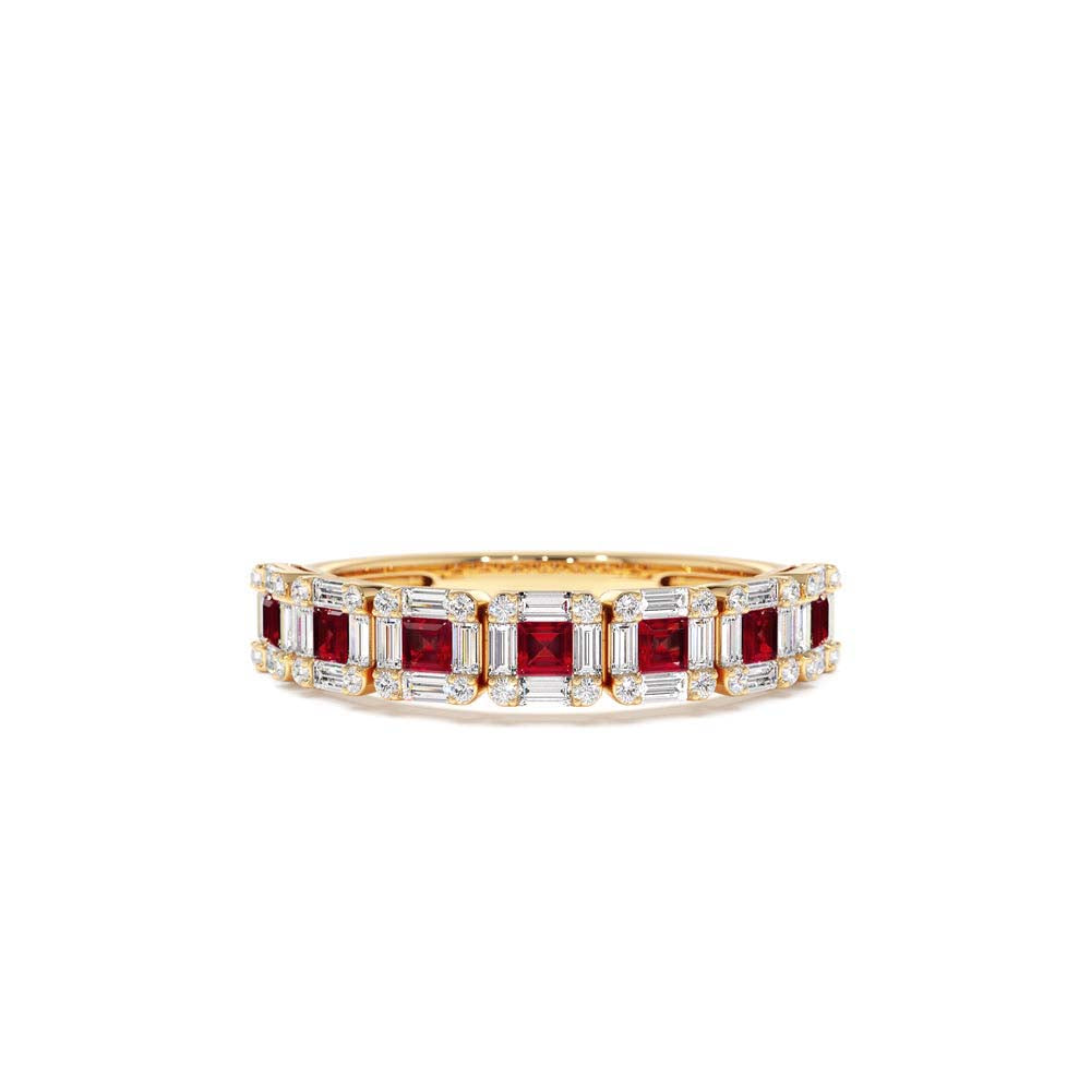 Princess Cut Ruby W/ Baguette and Round Diamond Ring in 14K Gold — view 1