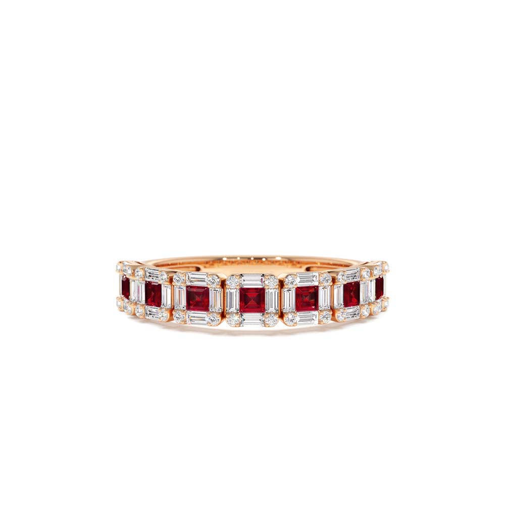 Princess Cut Ruby W/ Baguette and Round Diamond Ring in 14K Gold — view 5